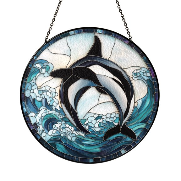 Killer Whale Jumping Stained Glass Suncatcher Window Hanging Coastal Marine Art Decor