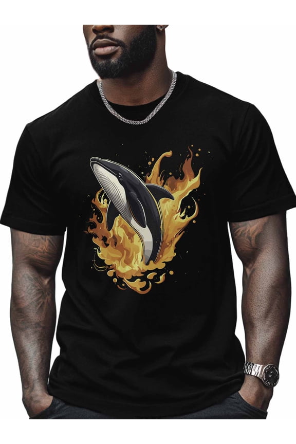 Killer Whale Men's T Shirts Fire T-Shirt for Men Cartoon Crew Neck Tees Cotton Tops, Black, XL