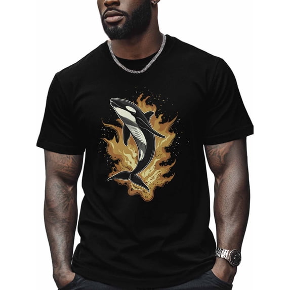 Killer Whale Men's T Shirts Flame Ocean T-Shirt for Men Cartoon Crew Neck Tees Cotton Tops, Black, S
