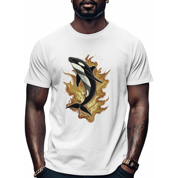 Killer Whale Men's T Shirts Flame Ocean T-Shirt for Men Cartoon Crew Neck Tees Cotton Tops, White, 2XL