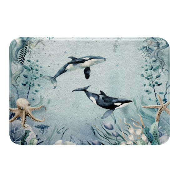 Killer Whale Orca Bathroom Rugs Teal Blue Ocean Beach Coastal Floor Mats 20"x32",Starfish Octopus Tentacles Door Mat Underwater Creature Coral Entryway Rug,Kawaii Fish Room Decor