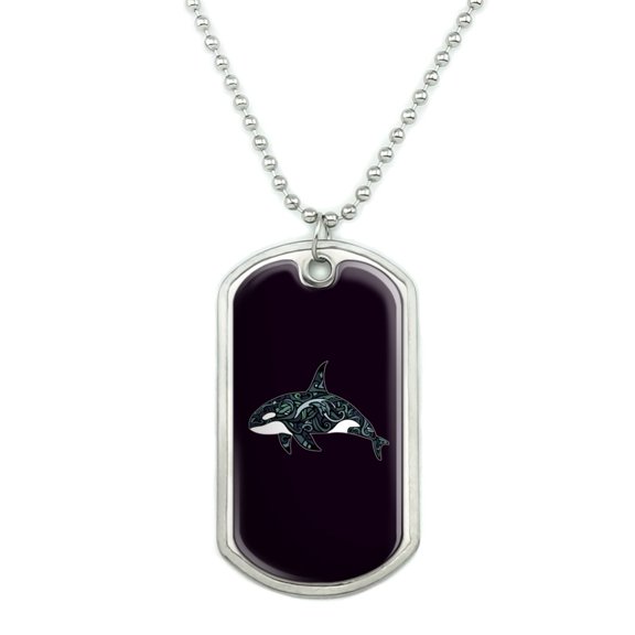 Killer Whale Orca with Waves Military Dog Tag Pendant Necklace with Chain