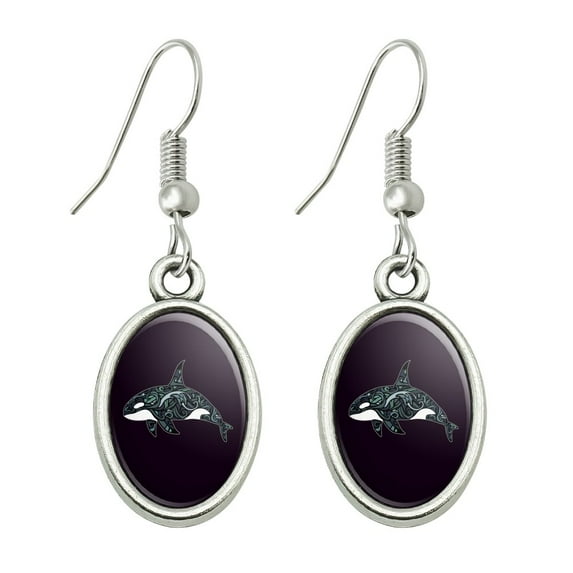 Killer Whale Orca with Waves Novelty Dangling Drop Oval Charm Earrings