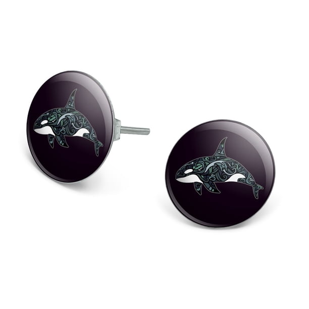 Killer Whale Orca with Waves Novelty Silver Plated Stud Earrings