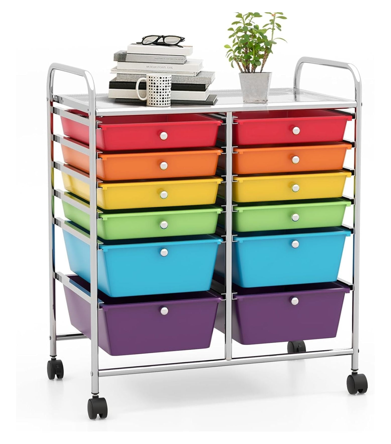 Multicolor 12-Drawer Rolling Storage Cart with Chrome Frame