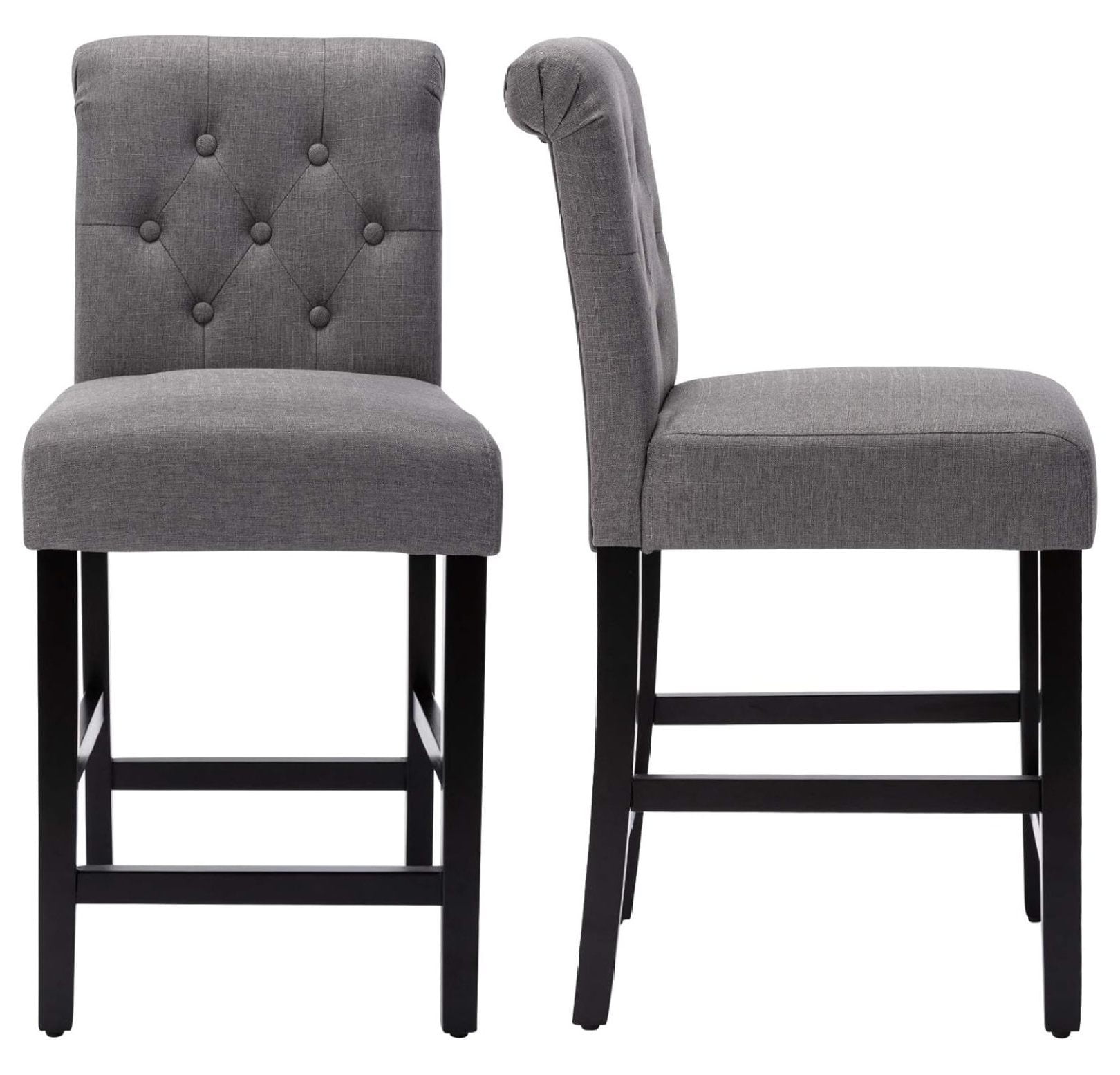 Gray Upholstered Button-Tufted 24-Inch Counter Stools with Wood Legs, Set of 2