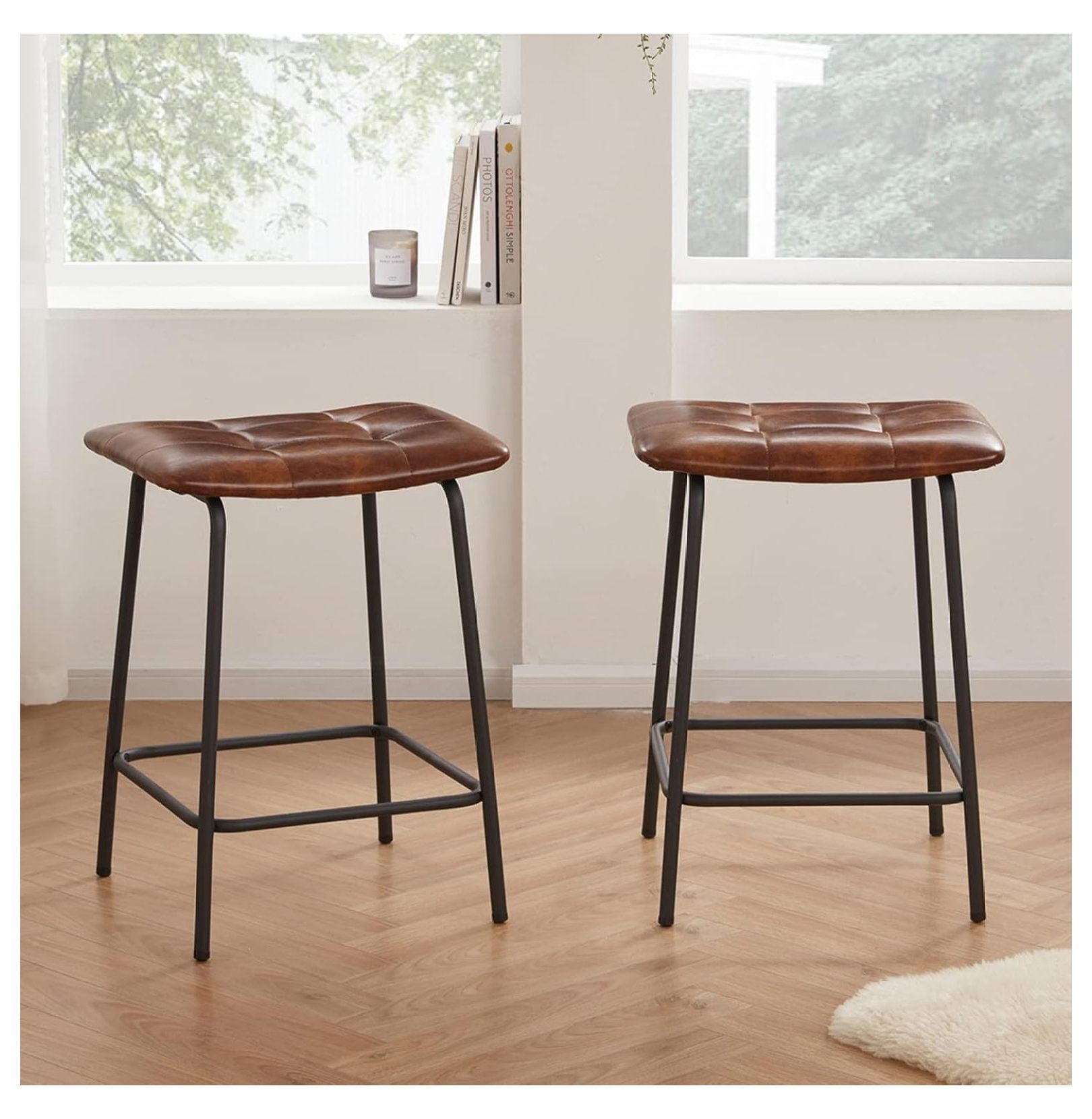 24'' Yellow Brown Faux Leather and Iron Backless Bar Stools, Set of 2