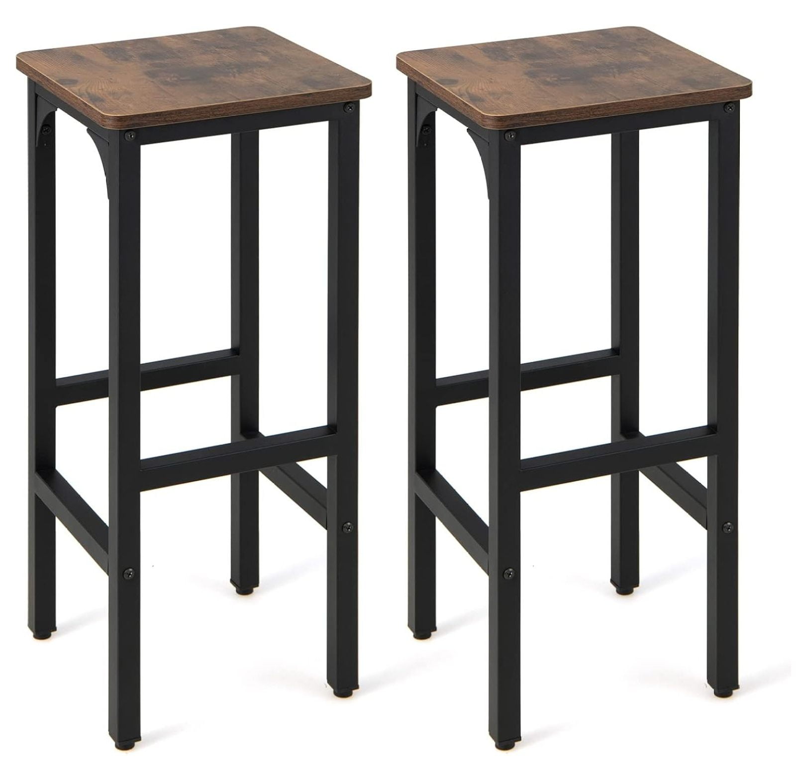 Set of 2 Black and Rustic Brown Adjustable Wood and Metal Bar Stools