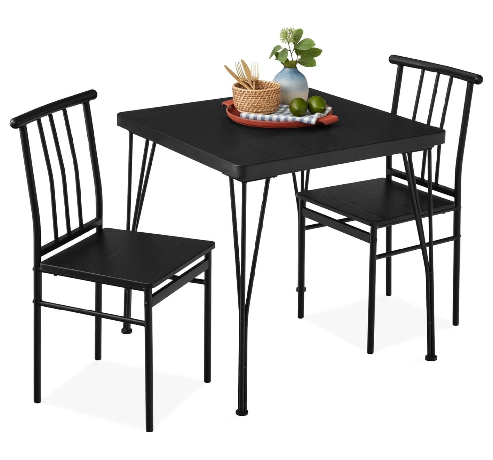 Black Metal and Wood 3-Piece Square Dining Set with Slat Back Chairs