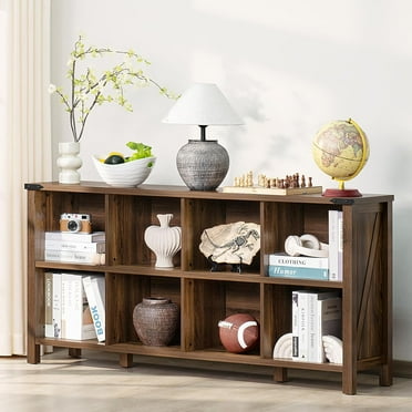 Killeryuki 8 Cube Book Shelf, Farmhouse Wood Long Storage Organizer Bookcase, 62" Horizontal Brown Walnut Console Closet Bookshelf, Hallway TV Stand for Entryway, Display Cabinet Book Case for Office