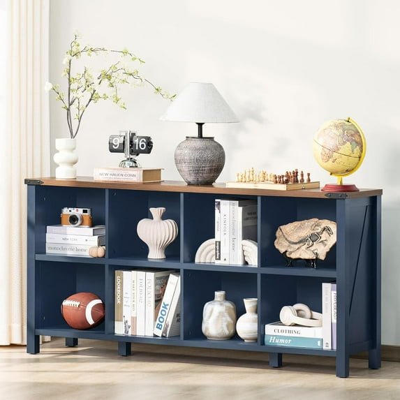 Killeryuki 8 Cube Book Shelf, Farmhouse Wood Long Storage Organizer Bookcase,62"Horizontal Navy Blue Console Closet Bookshelf, Hallway TV Stand for Entryway, Display Cabinet Book Case for Living Room