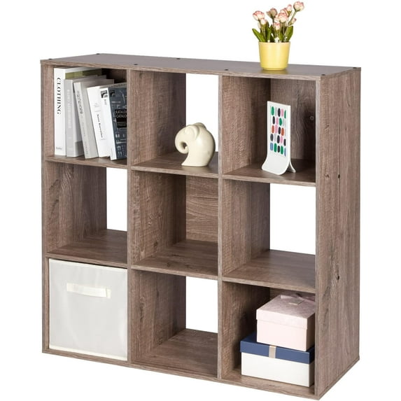 Killeryuki 9 Cube Storage Organizer, Wood Display Shelf, Espresso Free Standing Cubby Bookcase Cabinet Divider Bookshelf for 11 Inch Storage Basket, Rustic Brown Oak