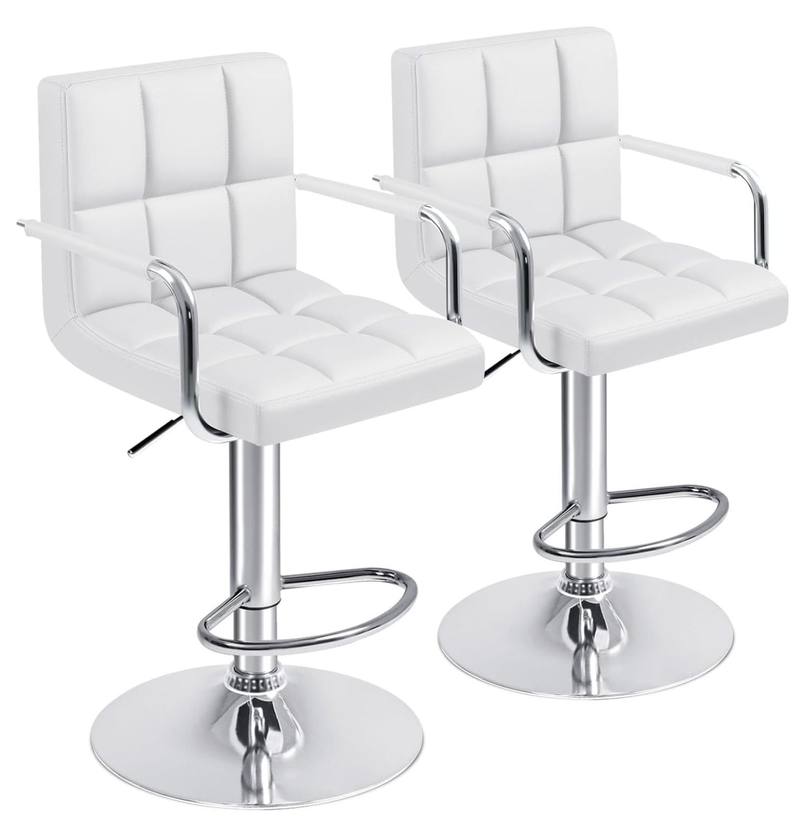 White Adjustable Swivel Leather Bar Stools with Chrome Base, Set of 2