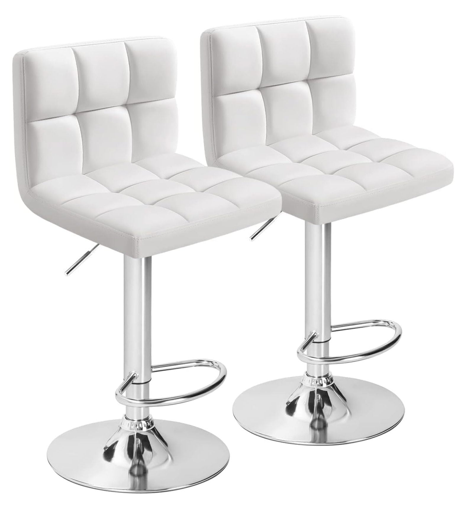 White Adjustable Swivel Bar Stools with Chrome Base, Set of 2