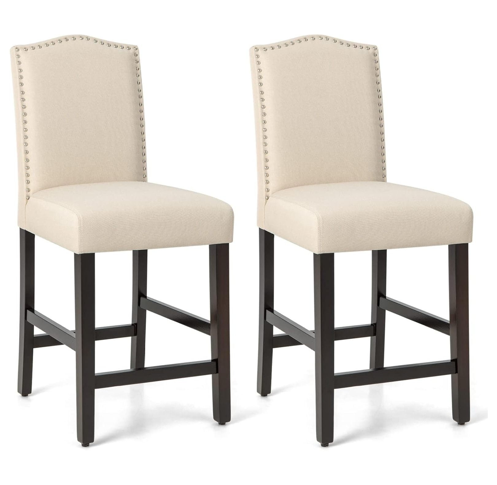 Set of 2 Beige Upholstered Nailhead Bar Stools with Wood Legs