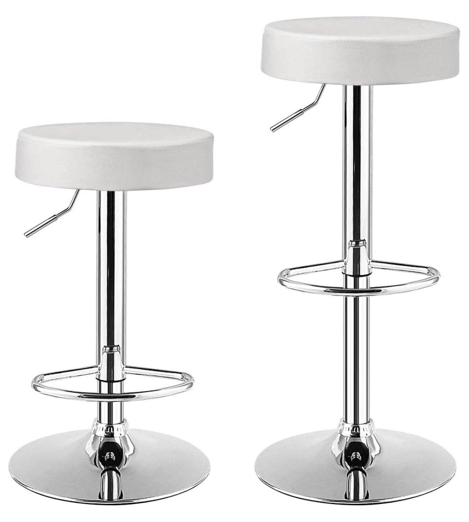 White Adjustable Swivel Backless Leather Bar Stools, Set of 2