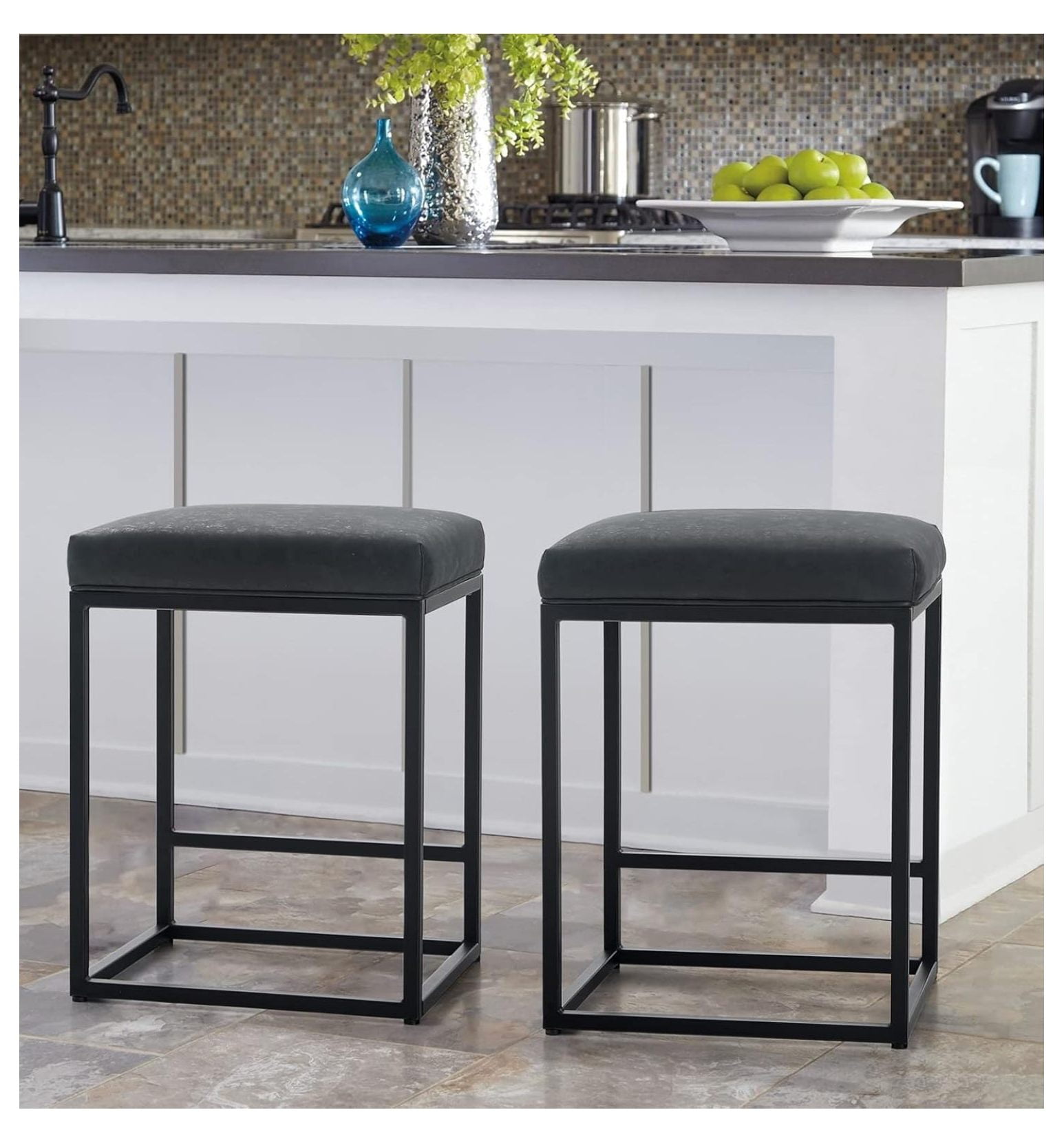 Black Faux Leather and Metal Backless Counter Stools, Set of 2