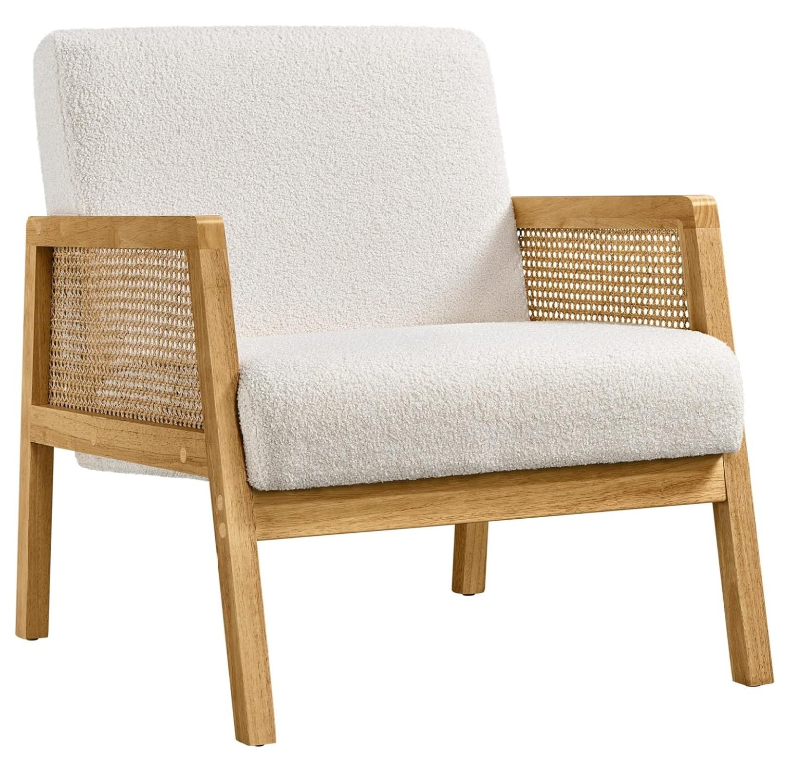Ivory Boucle Fabric Accent Chair with Rattan Armrests and Wood Legs