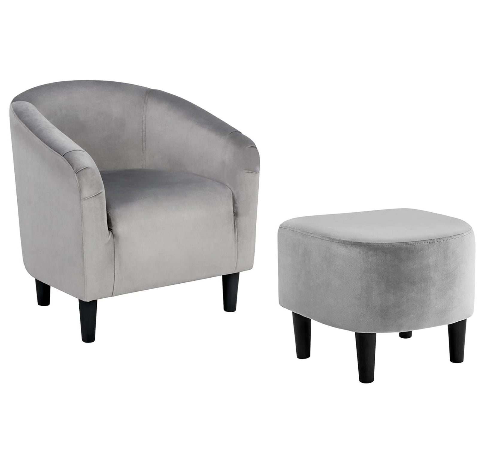 Gray Velvet Barrel Accent Chair with Ottoman and Solid Wood Legs