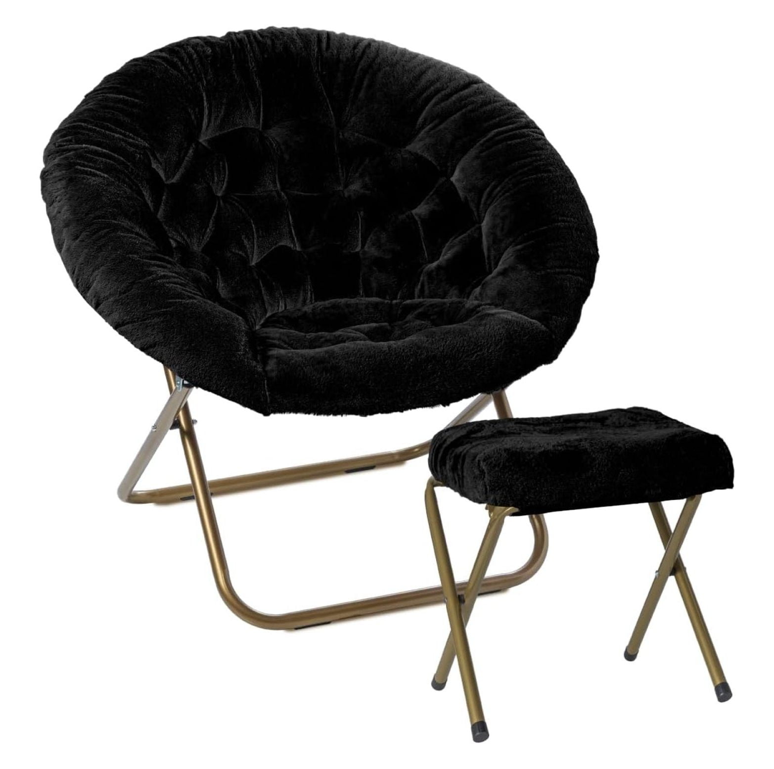 X-Large Black Faux Fur Papasan Chair with Metal Frame and Footrest