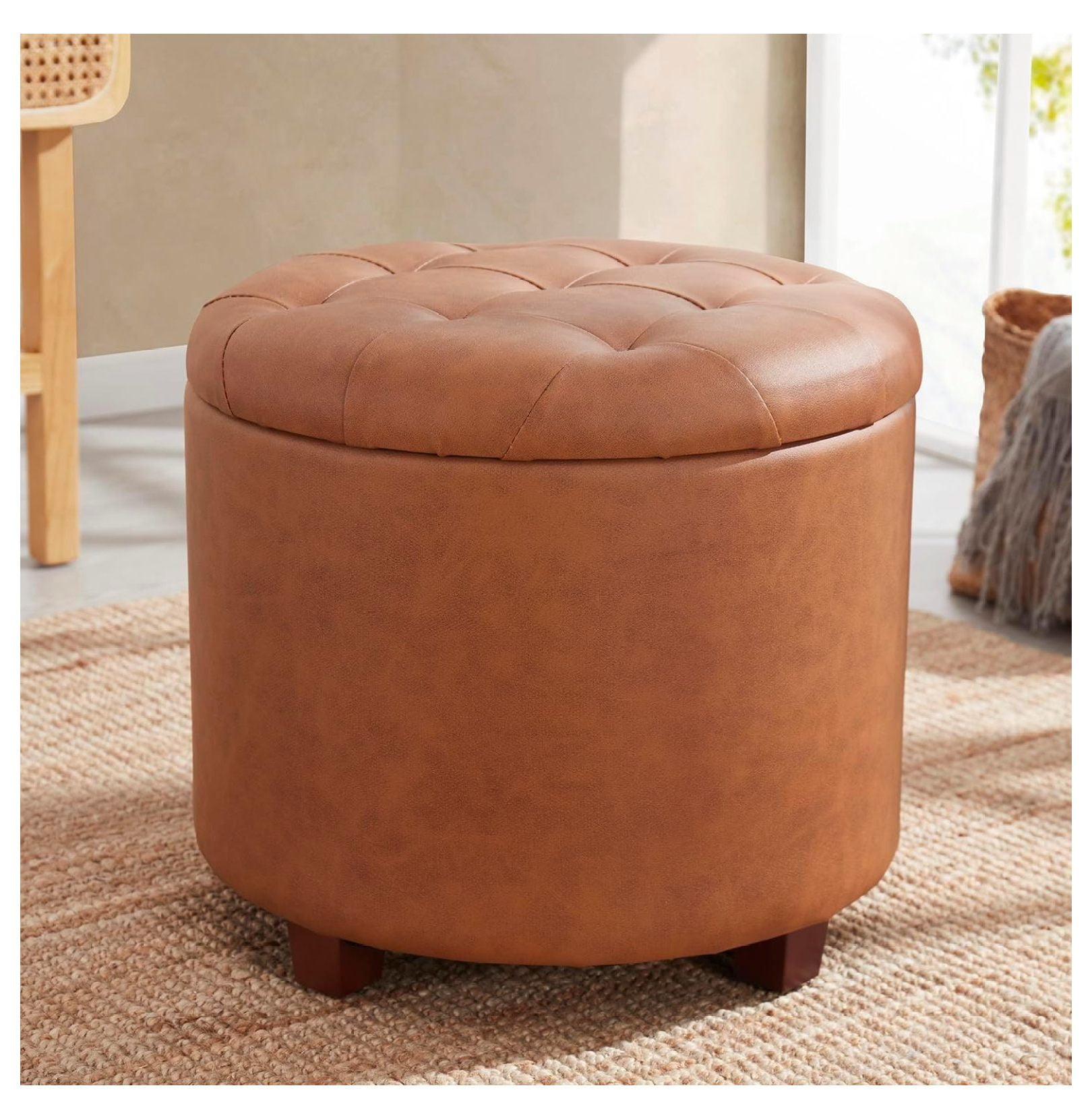 Cognac Faux Leather Tufted Round Storage Ottoman