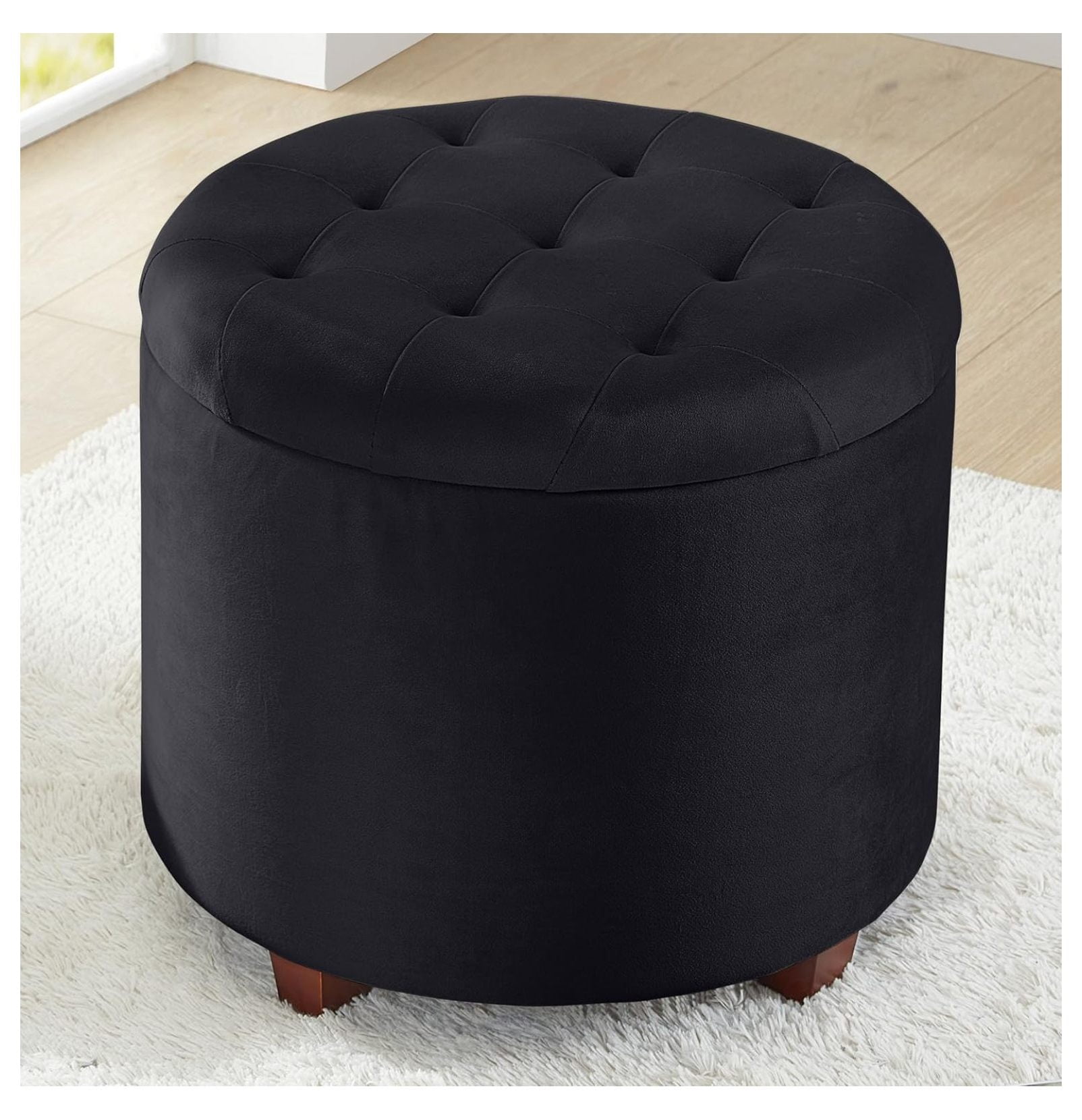 Donovan Round Tufted Velvet Black Storage Ottoman