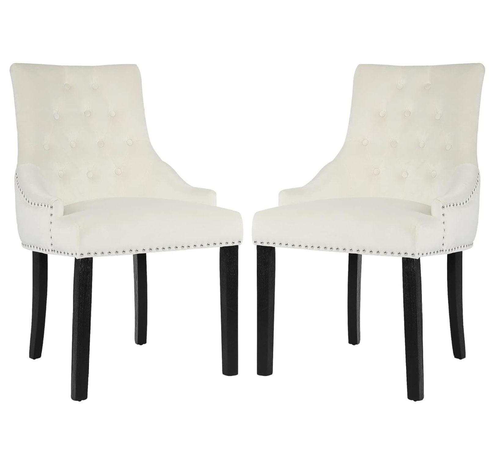 Beige Velvet Upholstered Dining Chairs with Wood Legs, Set of 2
