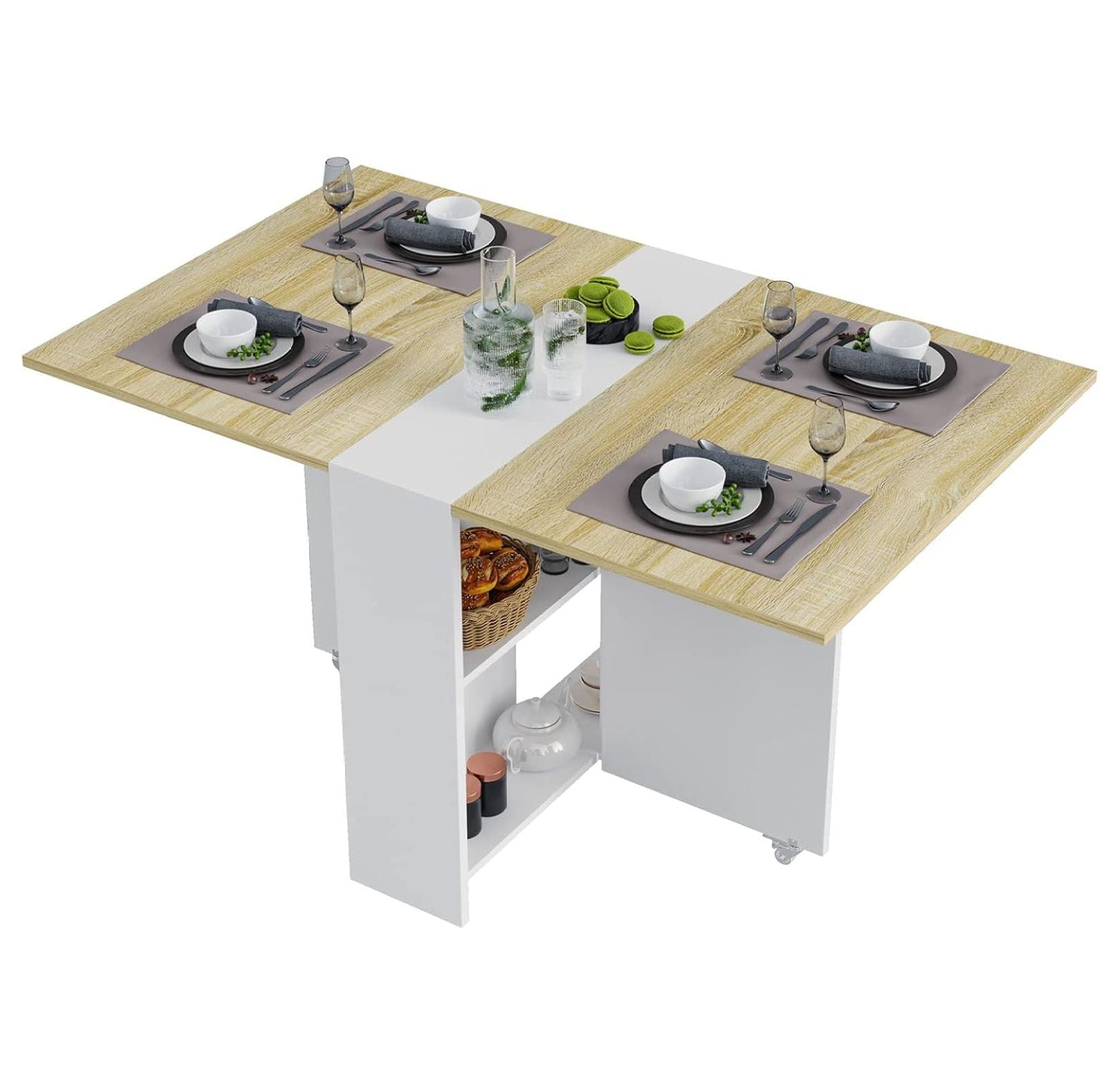 Pear Wood and White Folding Dining Table with Storage Shelves