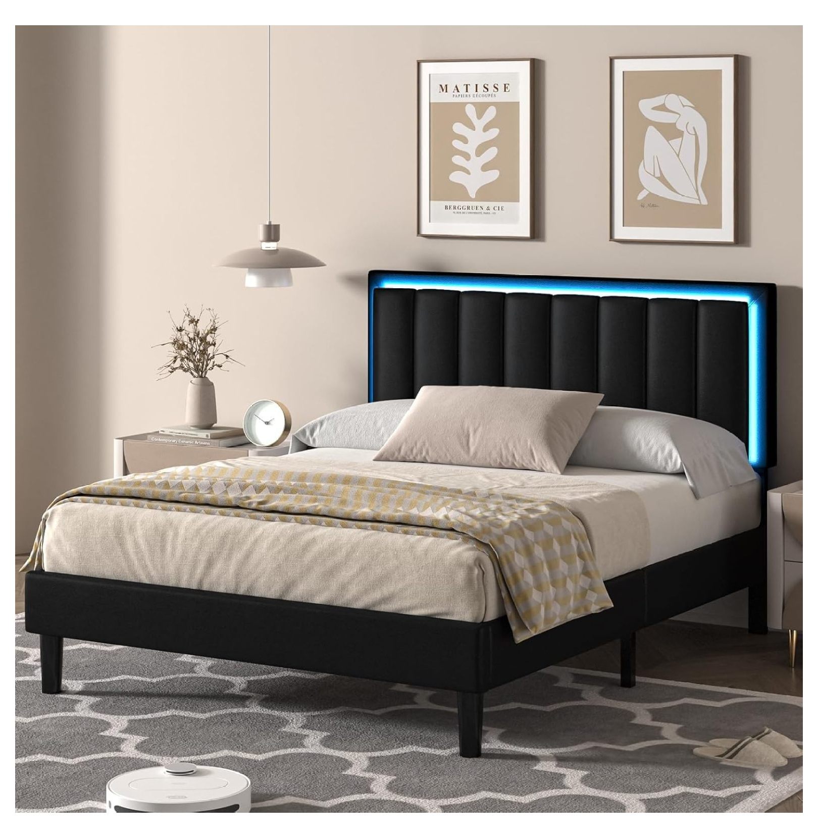 Killeryuki Full Size Bed Frame with LED Lights, Upholstered Bed Frame