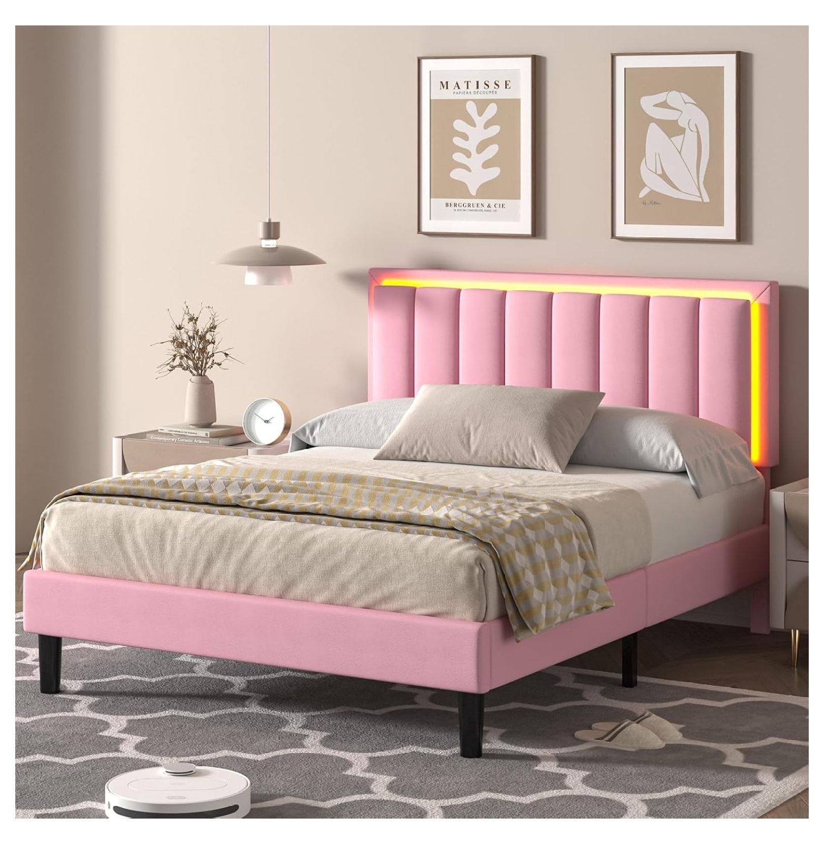 Killeryuki Full Size Bed Frame with LED Lights, Upholstered Bed Frame