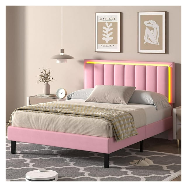 Killeryuki Full Size Bed Frame with LED Lights, Upholstered Bed Frame