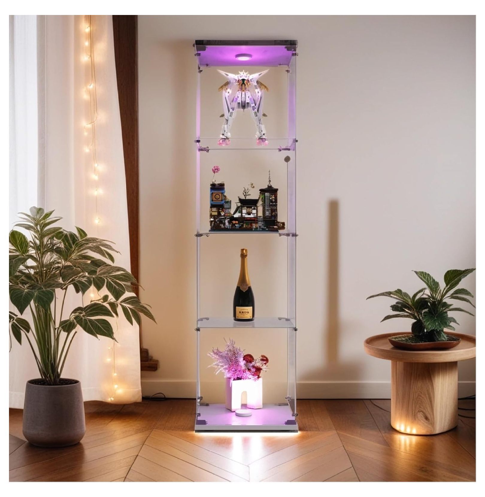 Killeryuki Glass Display with LED Light,4 Tier Shelf GlassDoor