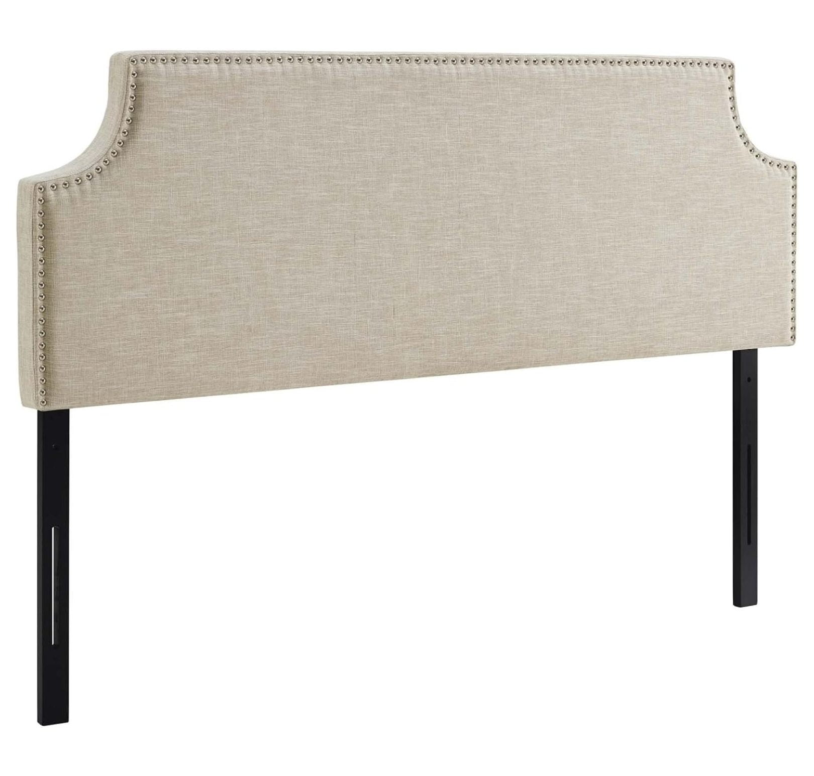 Beige Queen Upholstered Fabric Headboard with Silver Nail Trim