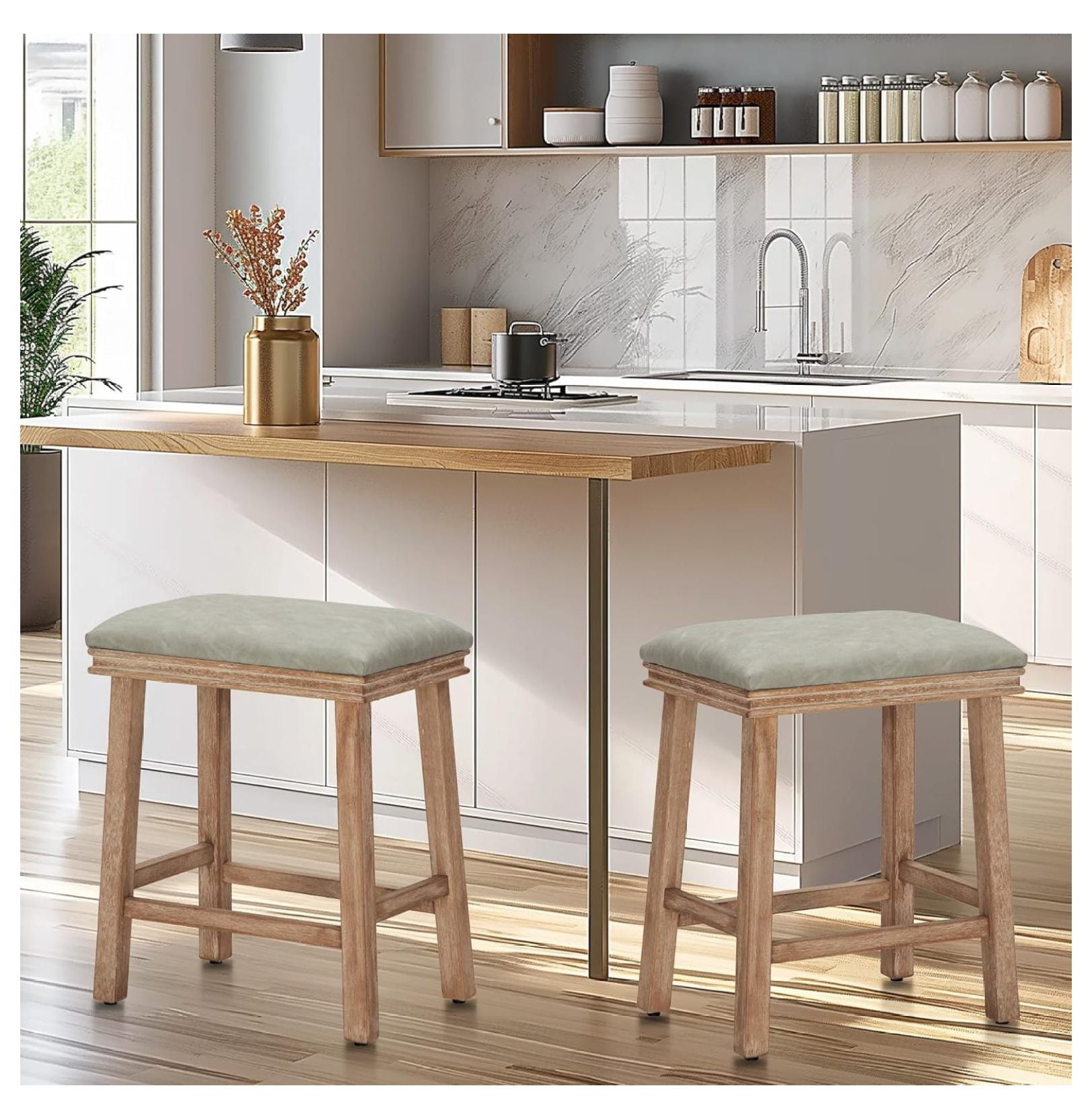 Light Gray Faux Leather Upholstered Backless Counter Stools with Solid Wood Frame