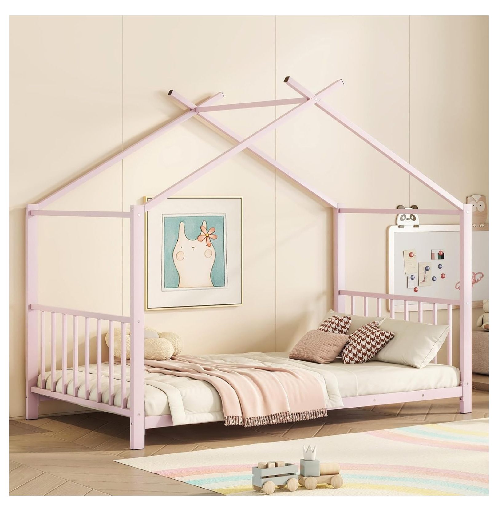 Killeryuki Metal House Bed for Kids, Size Montessori Bed with Roof
