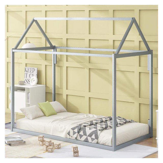 Killeryuki Metal House Shape Platform Bed with Solid Metal Slats, Size