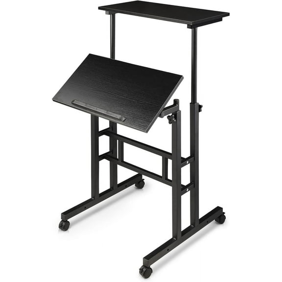 Killeryuki Mobile Standing Desk with 2 Platforms Adjustable Computer Laptop Desk Home Office Workstation Rolling Table Cart for Standing or Sitting-Black