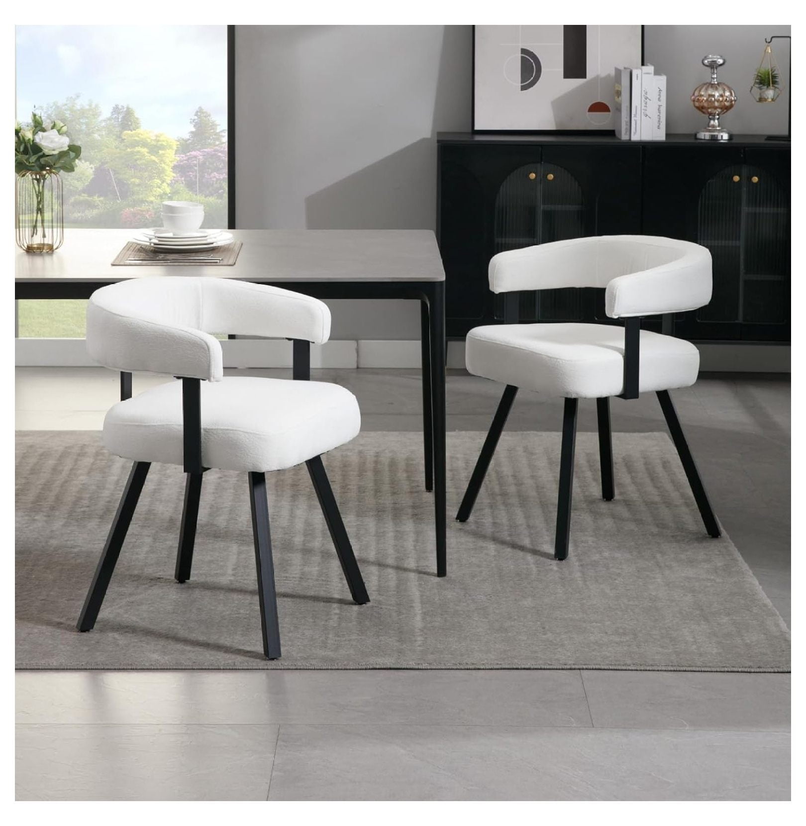 Killeryuki Modern Barrel Dining Chairs Set of 2, White Chenille