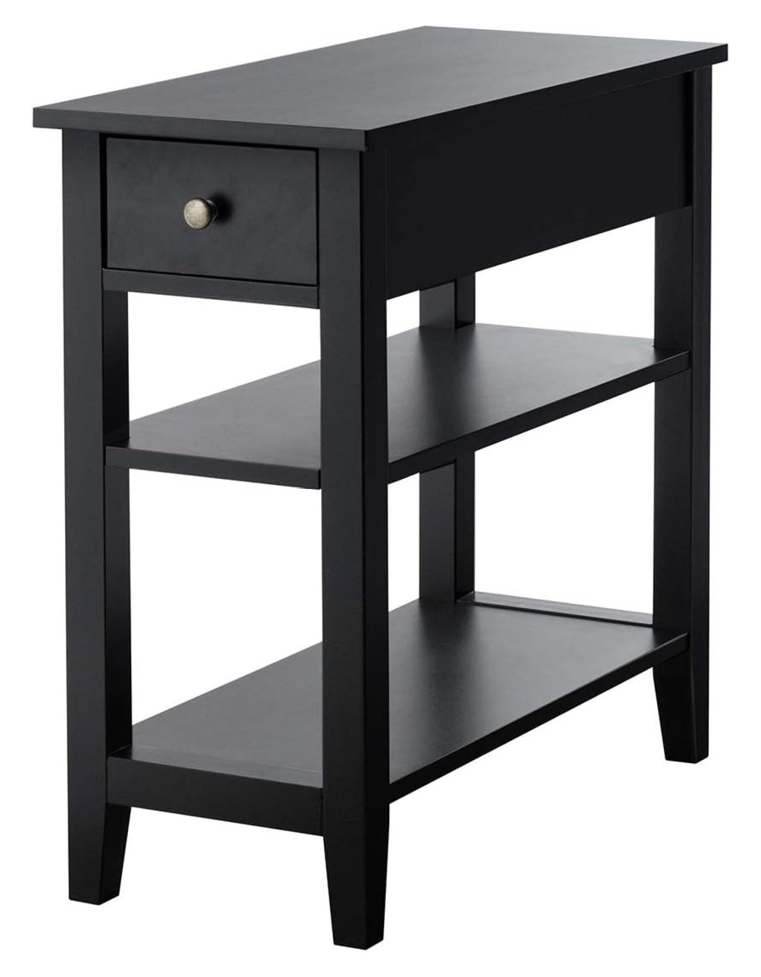 Black Wood Narrow End Table with Drawer and Shelves