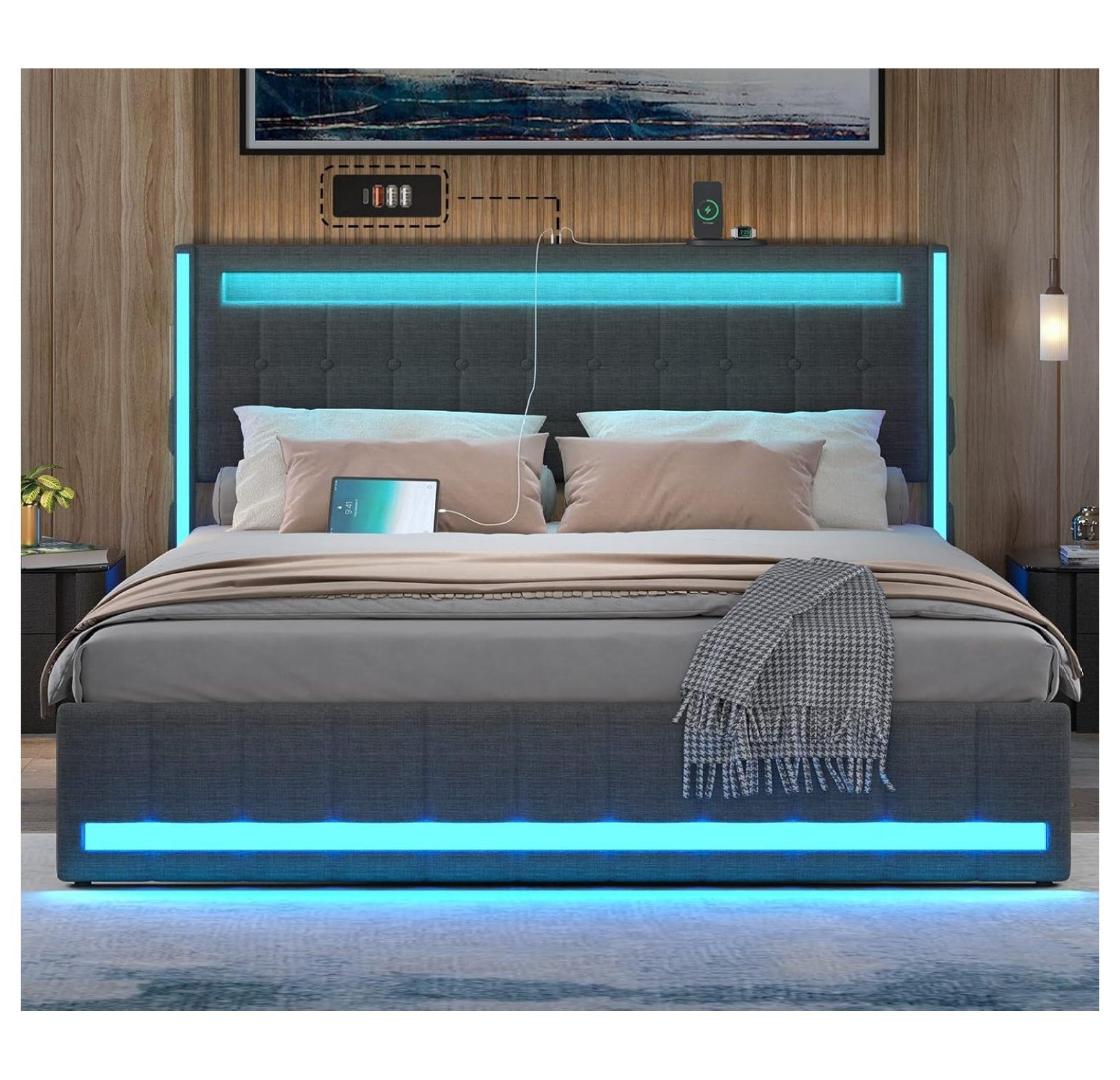 Killeryuki Queen LED Bed Frame with USB Charging Station, Upholstered