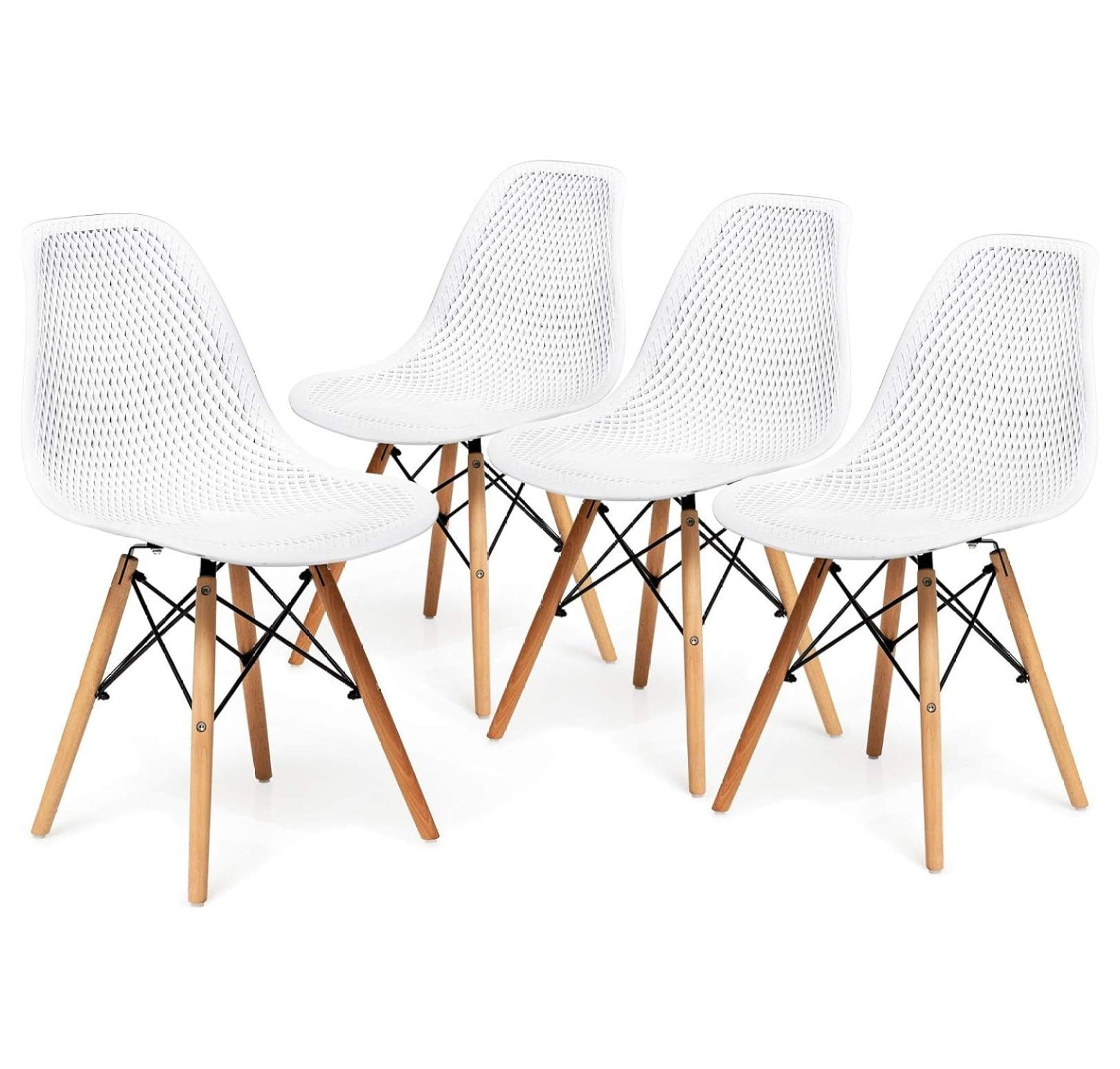White Plastic Hollow Out Side Chair with Wood Legs, Set of 4