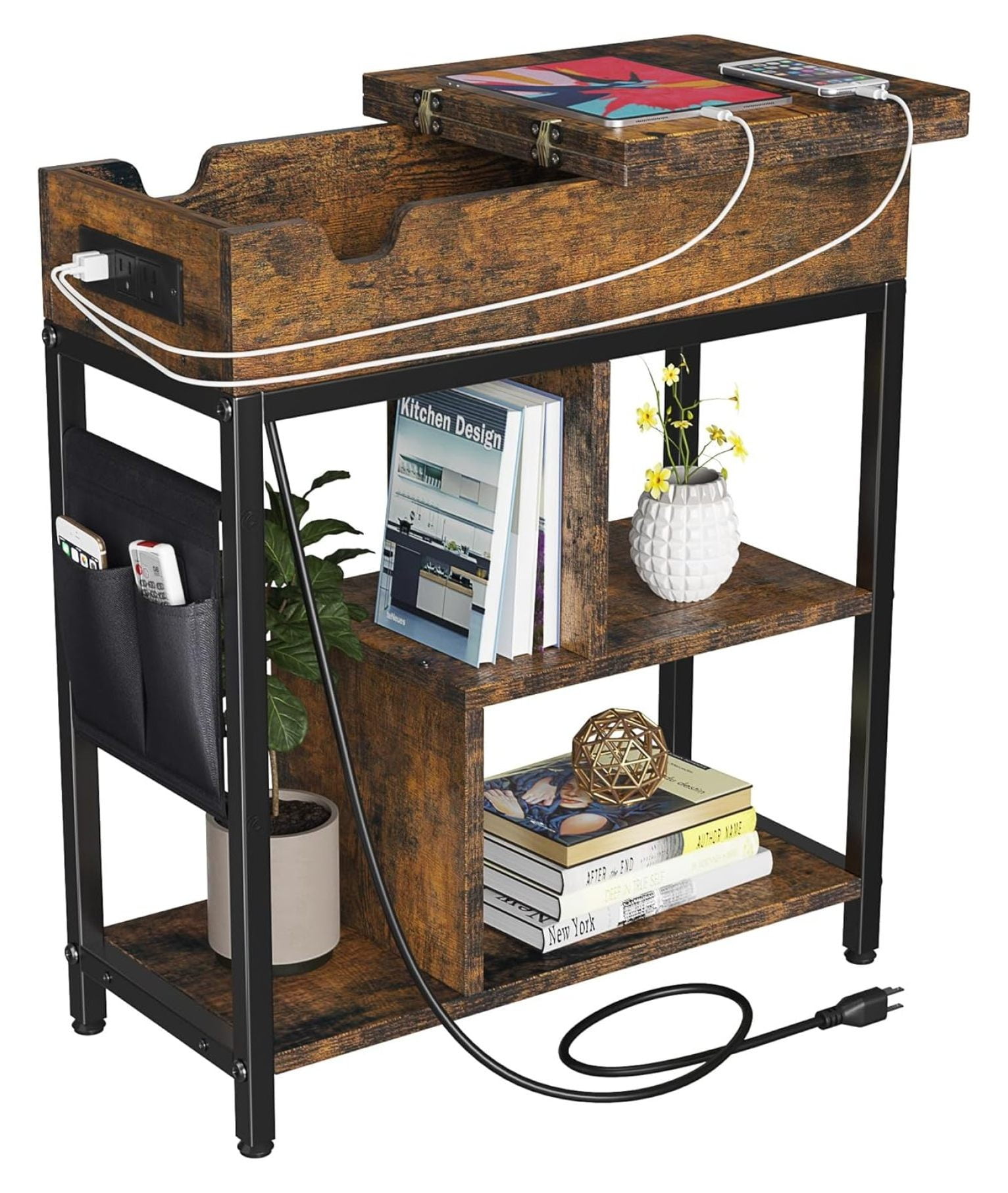 Rustic Brown Particle Board End Table with Charging Station and Storage