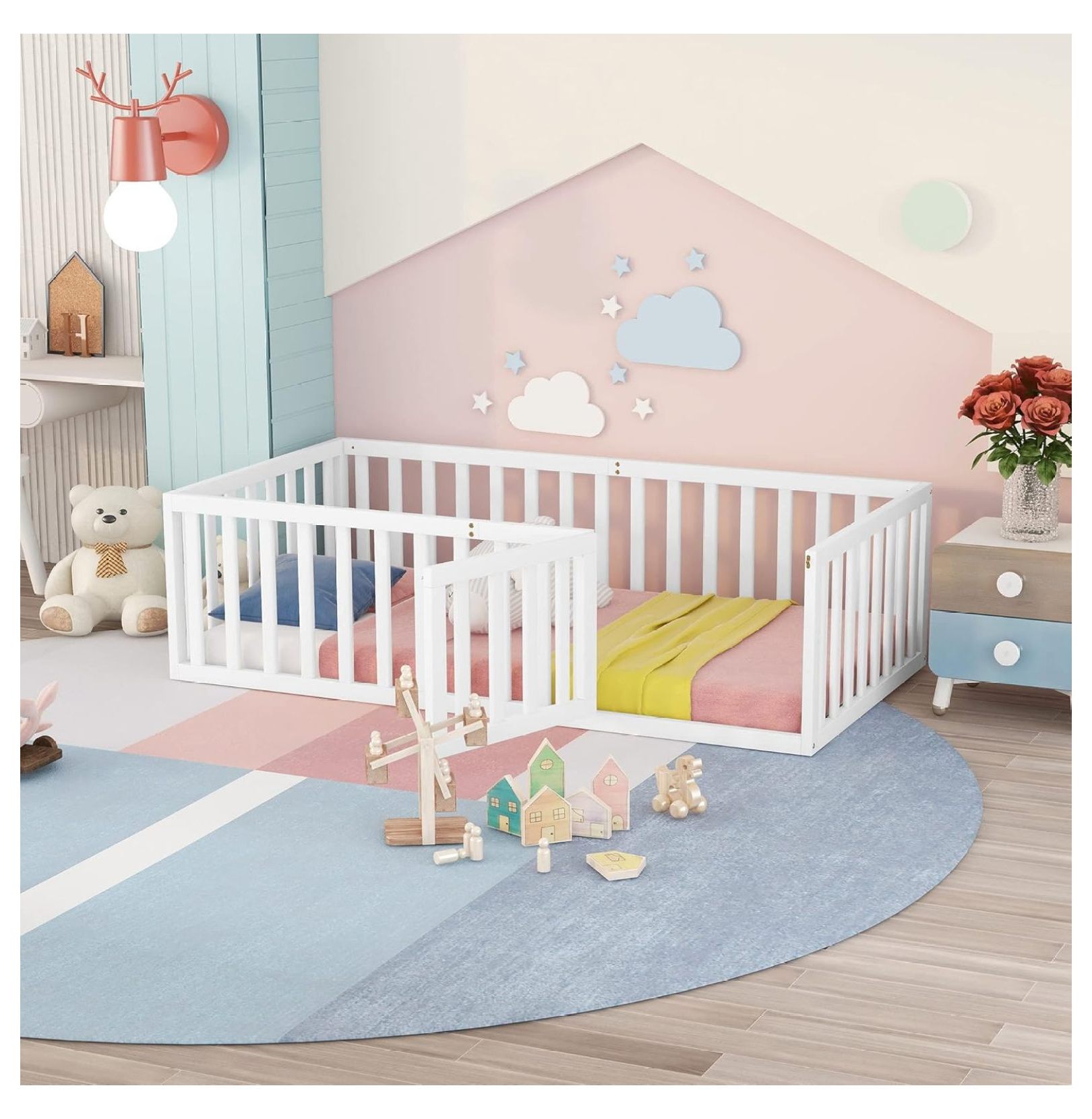 Killeryuki Size Bed Frame for Kids, Wood Kids Bed with Fence