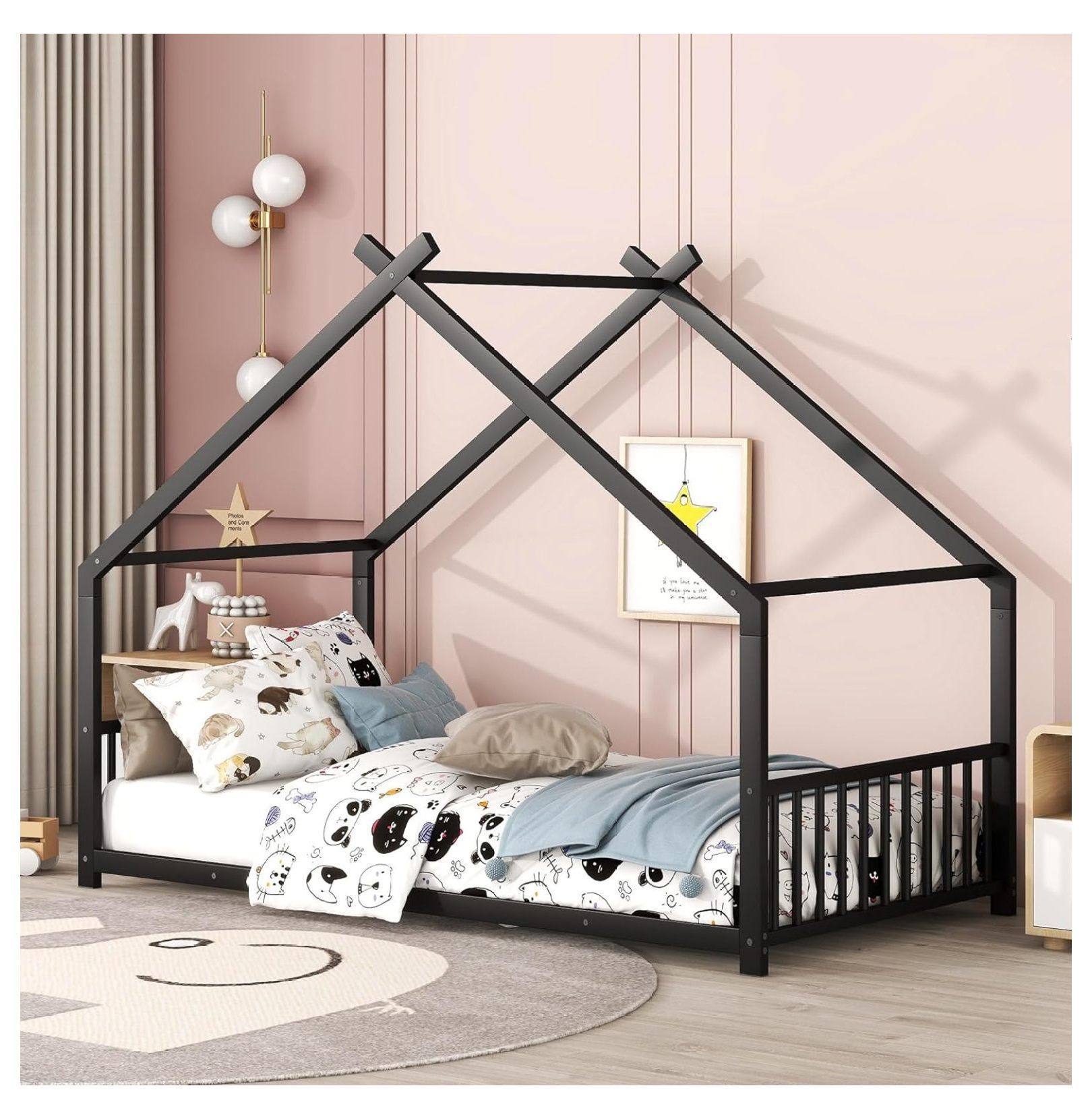 Killeryuki Size House Bed with Roof Design, Metal Platform Bed Frame