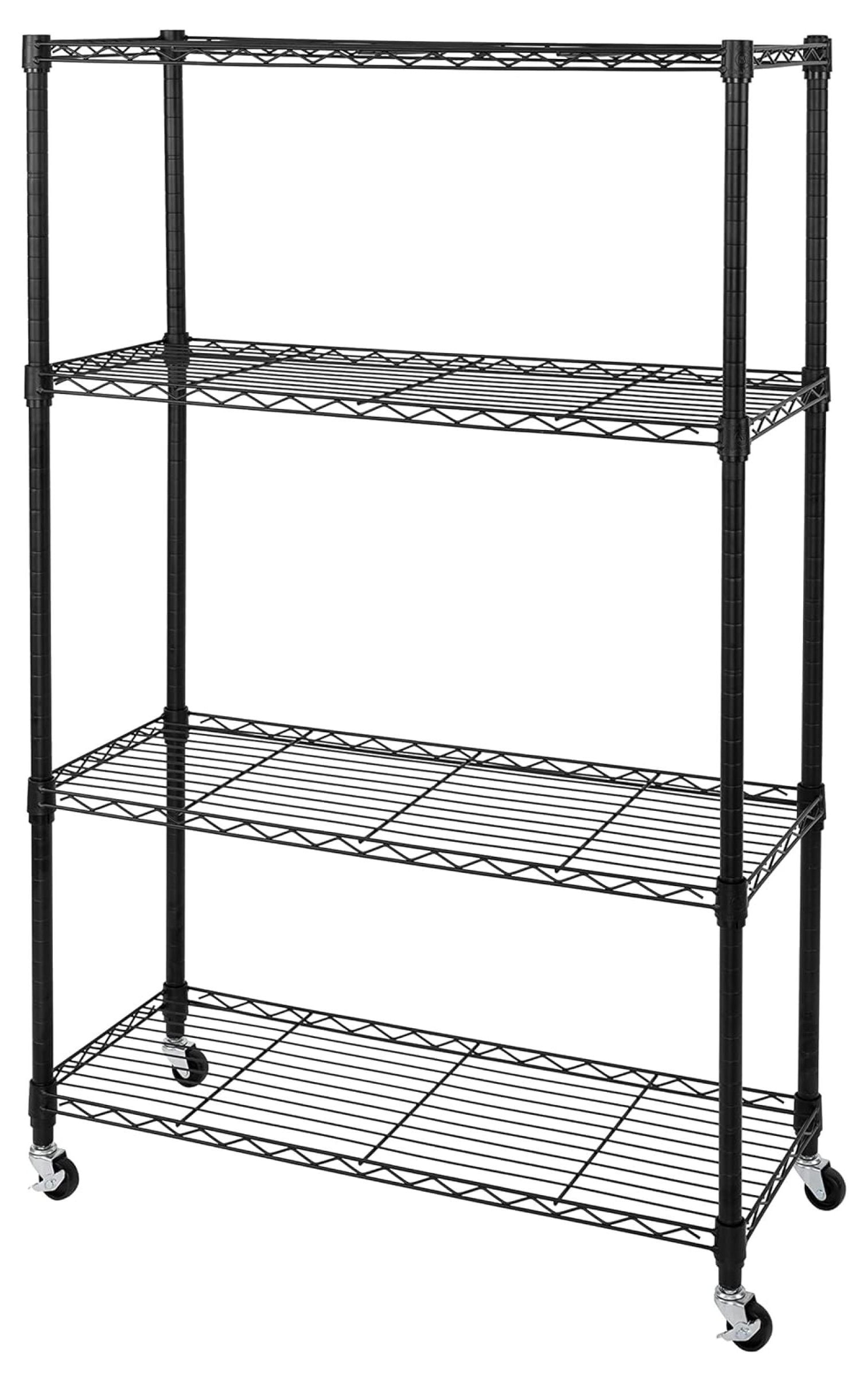 Adjustable Black Steel 4-Tier Wire Shelving Unit with Wheels