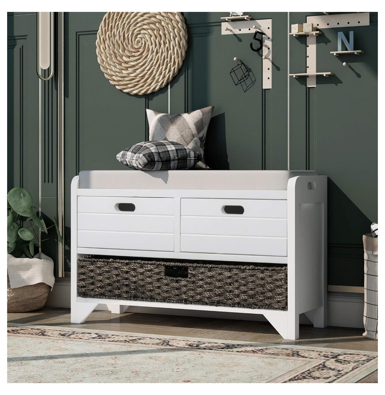 Killeryuki Storage Bench, Entryway Bench with Removable Basket and 2