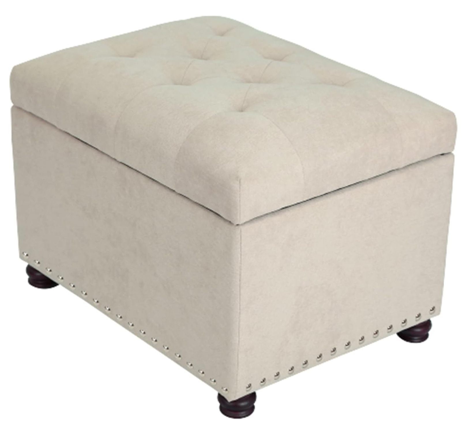 Beige Linen Tufted Storage Ottoman Bench with Wood Legs