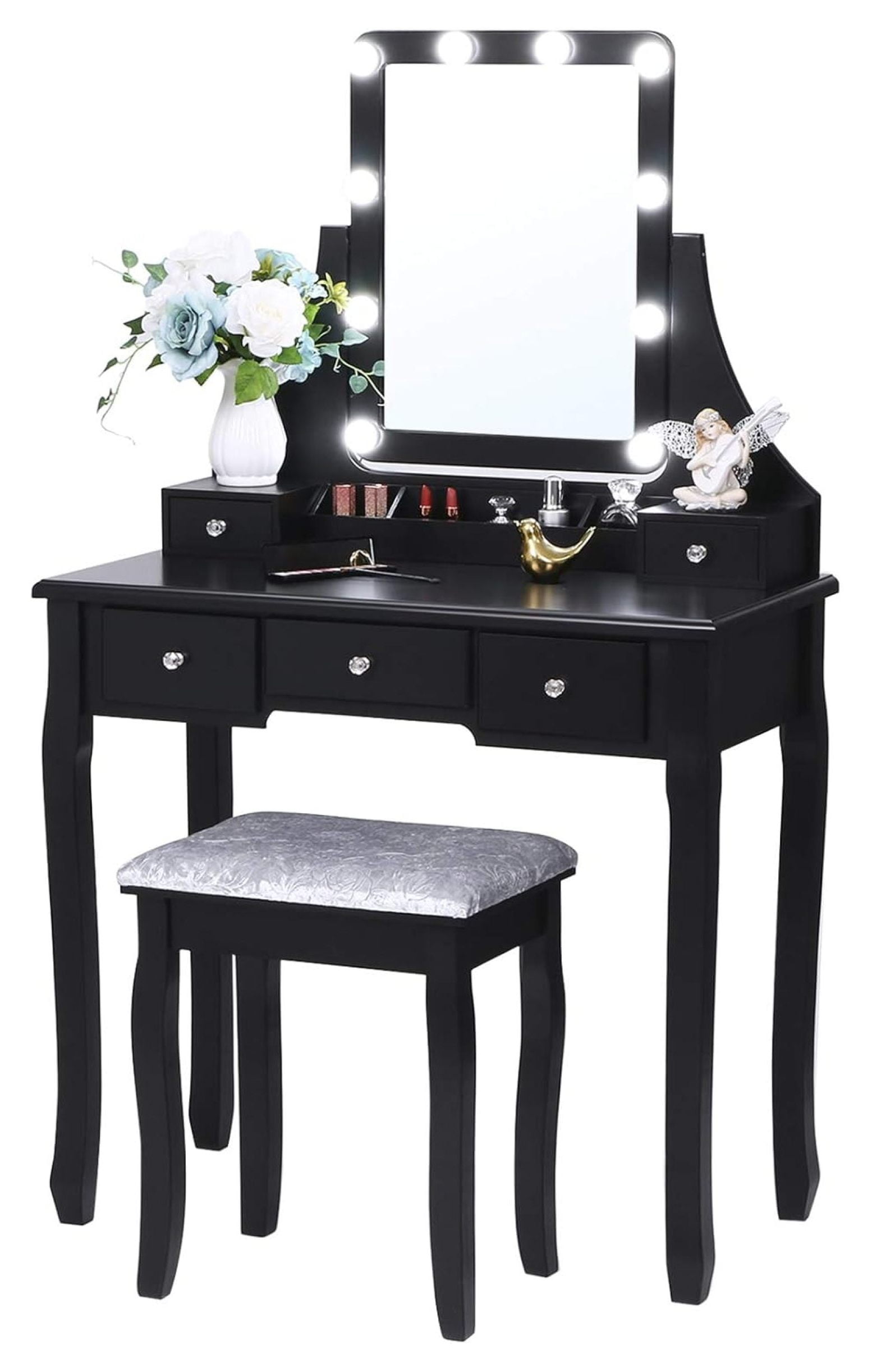 Black Vanity Set with Lighted Mirror and Gray Cushioned Bench