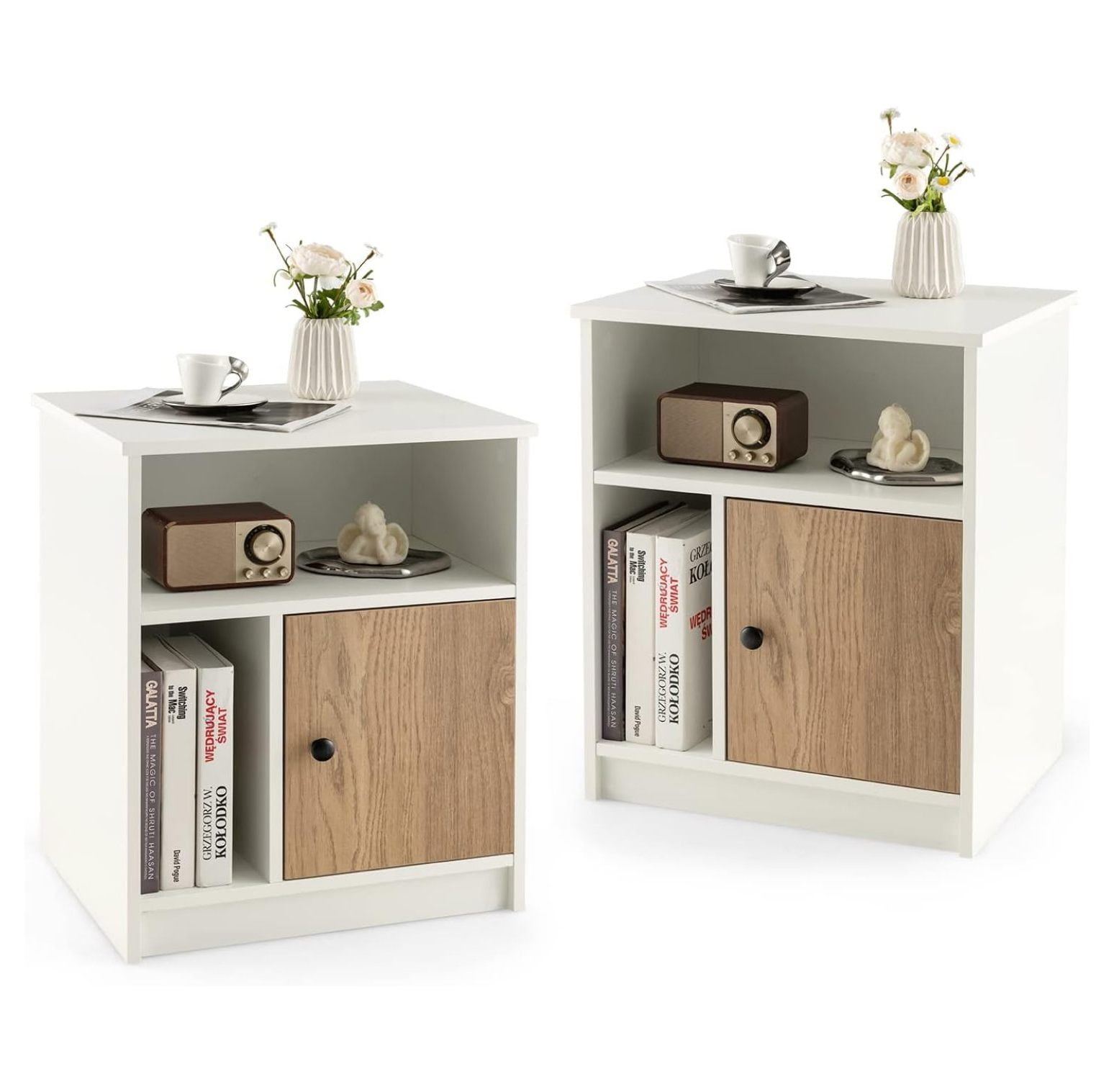 White and Light Brown MDF Nightstand Set with Open Shelves