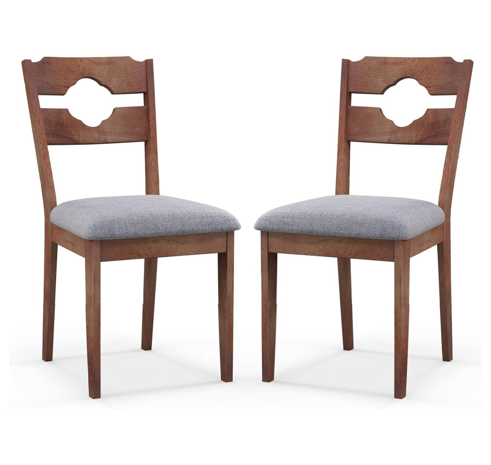 Set of 2 Brown Rubber Wood Dining Chairs with Gray Upholstered Seat